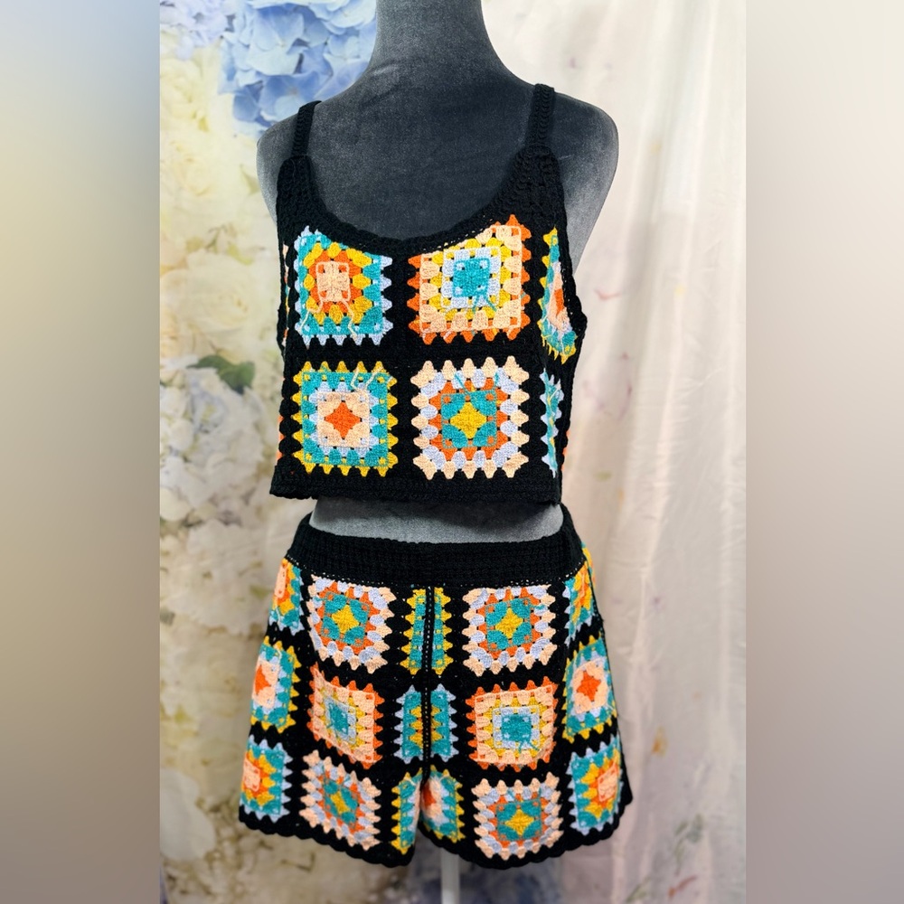 Rebellion Black Multicolor Crochet Short & Tank Set granny squares crop top - Picture 1 of 15
